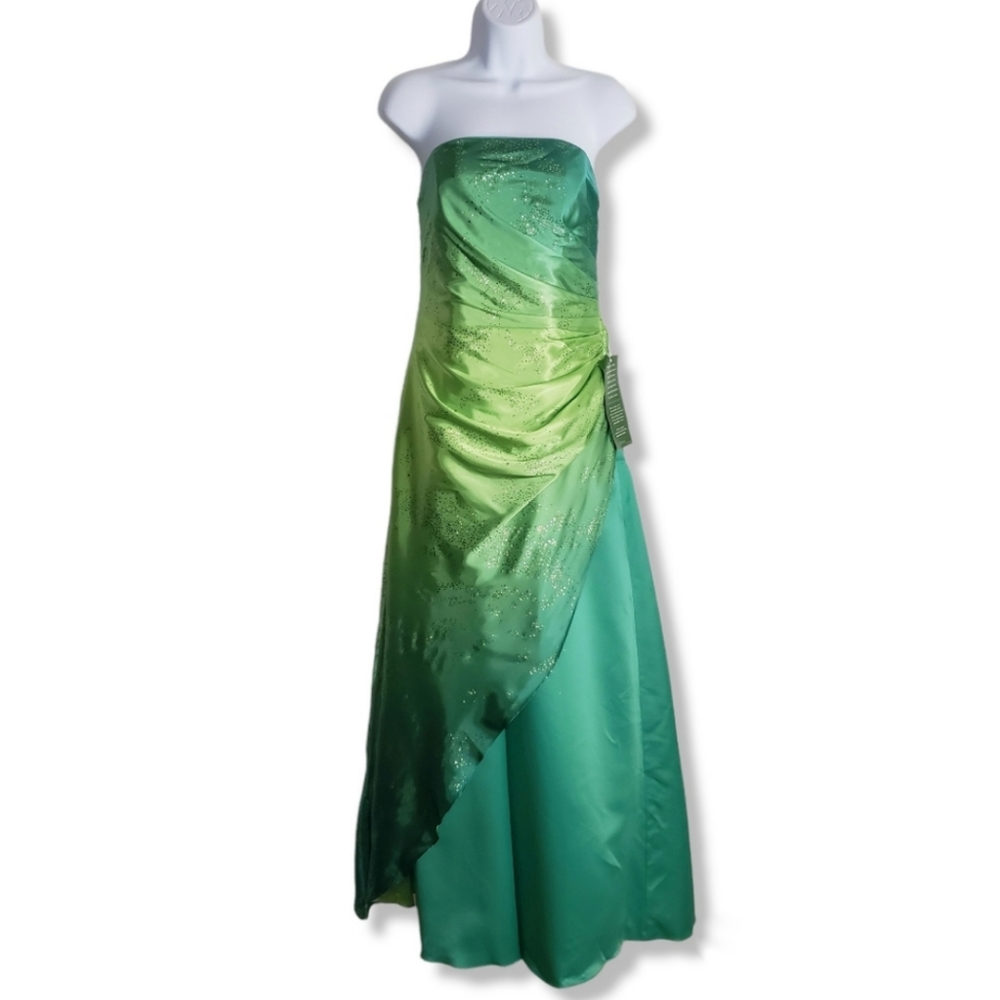 Jump Apparel Strapless Ombre Yellow Green Long Prom Dress Glitter Crinolin 7/8